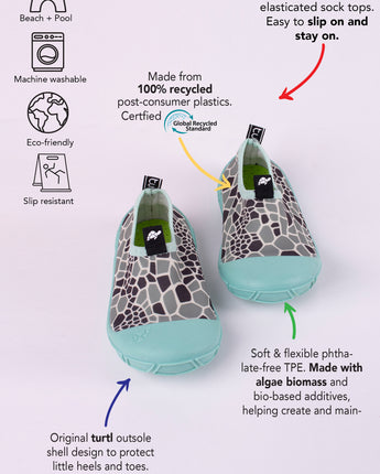 aqua water shoes in aqua with turtle shell print